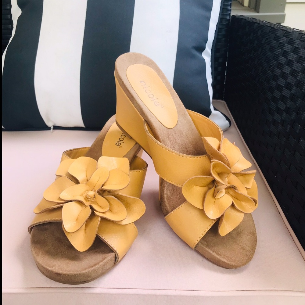 Nicole Mustard Floral Leather Wedge Sandals - Picture 7 of 11